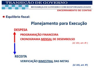 Equilíbrio fiscal:

                     Planejamento para Execução
      DESPESA
          PROGRAMAÇÃO FINANCEIRA
          CRONOGRAMA MENSAL DE DESEMBOLSO
                                            (LC 101, art. 8o )




      RECEITA
          VERIFICAÇÃO BIMESTRAL DAS METAS
                                            (LC 101, art. 9o)
 