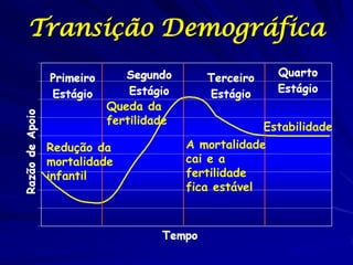Transição Demográfica


          Queda da
          fertilidade
                                     Estabilidade
 Redução da             A mortalidade
 mortalidade            cai e a
 infantil               fertilidade
                        fica estável
 
