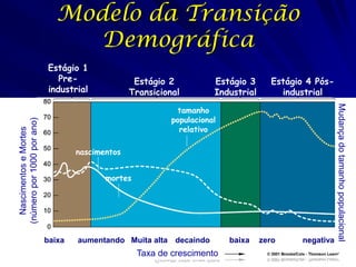 Modelo da Transição
                                  Demográfica
                            Estágio 1
                               Pre-                Estágio 2           Estágio 3      Estágio 4 Pós-
                            industrial            Transicional         Industrial       industrial




                                                                                                       Mudança do tamanho populacional
                                                              tamanho
                                                            populacional
(número por 1000 por ano)




                                                              relativo
  Nascimentos e Mortes




                                    nascimentos


                                           mortes




                            baixa   aumentando Muita alta decaindo         baixa    zero    negativa
                                                    Taxa de crescimento
 