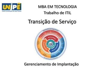 MBA EM TECNOLOGIA
         Trabalho de ITIL

  Transição de Serviço




Gerenciamento de Implantação
 