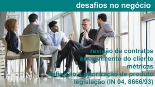 desafios no negócio
revisão de contratos
envolvimento do cliente
métricas
definição e priorização de produto
legislação (IN 04, 8666/93)
 