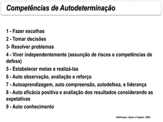 Competências de Autodeterminação
1 - Fazer escolhas
2 - Tomar decisões
3- Resolver problemas
4 - Viver independentemente (assunção de riscos e competências de
defesa)
5 - Estabelecer metas e realizá-las
6 - Auto observação, avaliação e reforço
7 - Autoaprendizagem, auto compreensão, autodefesa, e liderança
8 - Auto eficácia positiva e avaliação dos resultados considerando as
expetativas
9 - Auto conhecimento
(Wehmeyer, Agran e Hughes, 1998)
 