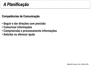 A Planificação
Competências de Comunicação
• Seguir e dar direções com precisão
• Comunicar informações
• Compreensão e processamento informações
• Solicitar ou oferecer ajuda
(Edward M. Levinson ; Eric J. Palmer, 2015)
 