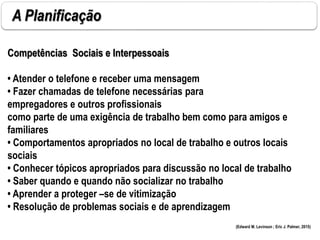 A Planificação
Competências Sociais e Interpessoais
• Atender o telefone e receber uma mensagem
• Fazer chamadas de telefone necessárias para
empregadores e outros profissionais
como parte de uma exigência de trabalho bem como para amigos e
familiares
• Comportamentos apropriados no local de trabalho e outros locais
sociais
• Conhecer tópicos apropriados para discussão no local de trabalho
• Saber quando e quando não socializar no trabalho
• Aprender a proteger –se de vitimização
• Resolução de problemas sociais e de aprendizagem
(Edward M. Levinson ; Eric J. Palmer, 2015)
 