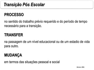 Transição Pós Escolar
PROCESSO
no sentido do trabalho prévio requerido e do período de tempo
necessário para a transição.
TRANSFER
na passagem de um nível educacional ou de um estadio de vida
para outro.
MUDANÇA
em termos das situações pessoal e social
(Soriano, 2002)
 