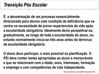 Transição Pós Escolar
É a denominação de um processo essencialmente
direcionado para alunos com condição de deficiência que se
centra na necessidade de prever experienciais de vida após
a escolaridade obrigatória. Idealmente devia perspetivar-se,
gradualmente, ao longo de toda a escolaridade do aluno, no
entanto normalmente inicia-se três anos antes do términus
da escolaridade obrigatória.
O aluno deve participar, o mais possível na planificação. O
PEI deve conter metas apropriadas ao aluno e mensuráveis
e que se relacionem com a idade, sexo, interesses, formação
e emprego e com competências de vida independente.
(Resource Guide for Use with GEAR UP School Staff, 2014)
 