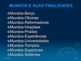MUNDOS E SUAS FINALIDADES
   Mundos-Berço
   Mundos-Oficinas
   Mundos-Reformadores
   Mundos-Hospitais
   Mundos-Prisões
   Mundos-Experiências
   Mundos-Universidades
   Mundos-Templos
   Mundos Superiores
   Mundos Sublimes
9/11/12                           15
 