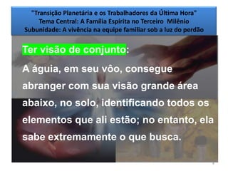 "Transição Planetária e os Trabalhadores da Última Hora"
     Tema Central: A Família Espírita no Terceiro Milênio
Subunidade: A vivência na equipe familiar sob a luz do perdão


Ter visão de conjunto:
A águia, em seu vôo, consegue
abranger com sua visão grande área
abaixo, no solo, identificando todos os
elementos que ali estão; no entanto, ela
sabe extremamente o que busca.

                                                                8
 