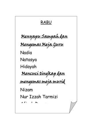 RABU

Menyapu Sampah dan
Mengemas Meja Guru
Nadia
Natasya
Hidayah
Mencuci tingkap dan
mengemas meja murid
Nizam
Nur Izzah Tarmizi
Afiqah Dayana

 