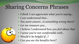 Sharing Concerns Phrases
 I think I can appreciate what you’re saying…
 I can understand that…
 You seem unsure…is something wrong there?
 Let me reassure you…
 I believe I understand how you feel about that
 I sense you’re not comfortable with…
 Would it be helpful if…?
 Can you see the benefits here?
 