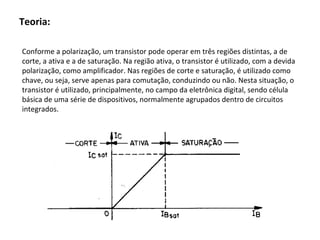 Teoria:
Conforme a polarização, um transistor pode operar em três regiões distintas, a de
corte, a ativa e a de saturação. Na região ativa, o transistor é utilizado, com a devida
polarização, como amplificador. Nas regiões de corte e saturação, é utilizado como
chave, ou seja, serve apenas para comutação, conduzindo ou não. Nesta situação, o
transistor é utilizado, principalmente, no campo da eletrônica digital, sendo célula
básica de uma série de dispositivos, normalmente agrupados dentro de circuitos
integrados.
 