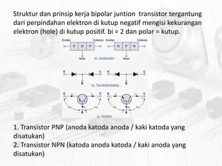 Struktur dan prinsip kerja bipolar juntion transistor tergantung
dari perpindahan elektron di kutup negatif mengisi kekurangan
elektron (hole) di kutup positif. bi = 2 dan polar = kutup.

1. Transistor PNP (anoda katoda anoda / kaki katoda yang
disatukan)
2. Transistor NPN (katoda anoda katoda / kaki anoda yang
disatukan)

 