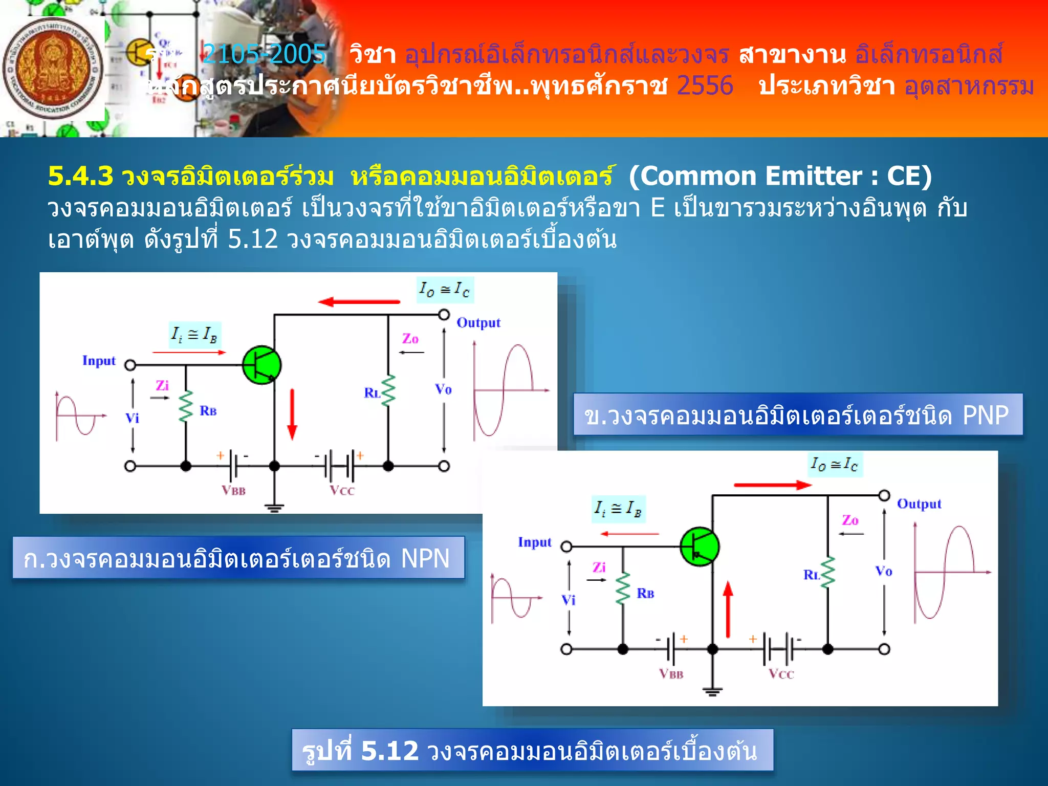 รหัส 2105-2005 วิชา อุปกรณ์อิเล็กทรอนิกส์และวงจร สาขางาน อิเล็กทรอนิกส์
หลักสูตรประกาศนียบัตรวิชาชีพ..พุทธศักราช 2556 ประเภทวิชา อุตสาหกรรม
5.4.3 วงจรอิมิตเตอร์ร่วม หรือคอมมอนอิมิตเตอร์ (Common Emitter : CE)
วงจรคอมมอนอิมิตเตอร์ เป็นวงจรที่ใช ้ขาอิมิตเตอร์หรือขา E เป็นขารวมระหว่างอินพุต กับ
เอาต์พุต ดังรูปที่ 5.12 วงจรคอมมอนอิมิตเตอร์เบื้องต ้น
ก.วงจรคอมมอนอิมิตเตอร์เตอร์ชนิด NPN
ข.วงจรคอมมอนอิมิตเตอร์เตอร์ชนิด PNP
รูปที่ 5.12 วงจรคอมมอนอิมิตเตอร์เบื้องต ้น
 