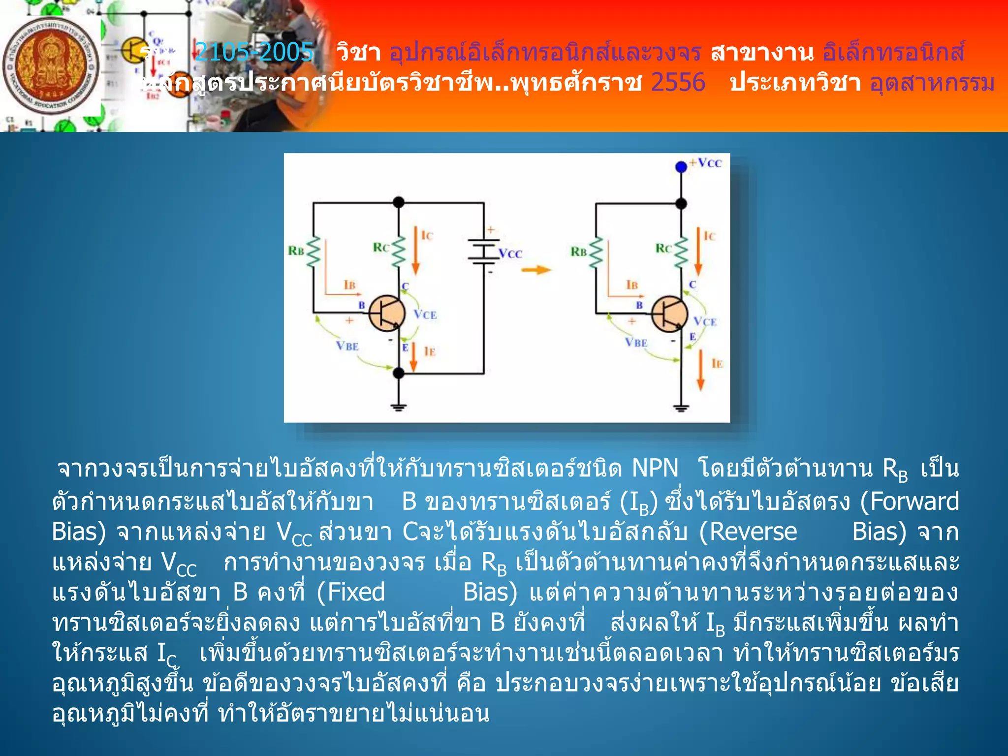รหัส 2105-2005 วิชา อุปกรณ์อิเล็กทรอนิกส์และวงจร สาขางาน อิเล็กทรอนิกส์
หลักสูตรประกาศนียบัตรวิชาชีพ..พุทธศักราช 2556 ประเภทวิชา อุตสาหกรรม
จากวงจรเป็นการจ่ายไบอัสคงที่ให ้กับทรานซิสเตอร์ชนิด NPN โดยมีตัวต ้านทาน RB เป็ น
ตัวกาหนดกระแสไบอัสให ้กับขา B ของทรานซิสเตอร์ (IB) ซึ่งได ้รับไบอัสตรง (Forward
Bias) จากแหล่งจ่าย VCC ส่วนขา Cจะได ้รับแรงดันไบอัสกลับ (Reverse Bias) จาก
แหล่งจ่าย VCC การทางานของวงจร เมื่อ RB เป็นตัวต ้านทานค่าคงที่จึงกาหนดกระแสและ
แรงดันไบอัสขา B คงที่ (Fixed Bias) แต่ค่าความต ้านทานระหว่างรอยต่อของ
ทรานซิสเตอร์จะยิ่งลดลง แต่การไบอัสที่ขา B ยังคงที่ ส่งผลให ้IB มีกระแสเพิ่มขึ้น ผลทา
ให ้กระแส IC เพิ่มขึ้นด ้วยทรานซิสเตอร์จะทางานเช่นนี้ตลอดเวลา ทาให ้ทรานซิสเตอร์มร
อุณหภูมิสูงขึ้น ข ้อดีของวงจรไบอัสคงที่ คือ ประกอบวงจรง่ายเพราะใช ้อุปกรณ์น้อย ข ้อเสีย
อุณหภูมิไม่คงที่ ทาให ้อัตราขยายไม่แน่นอน
 
