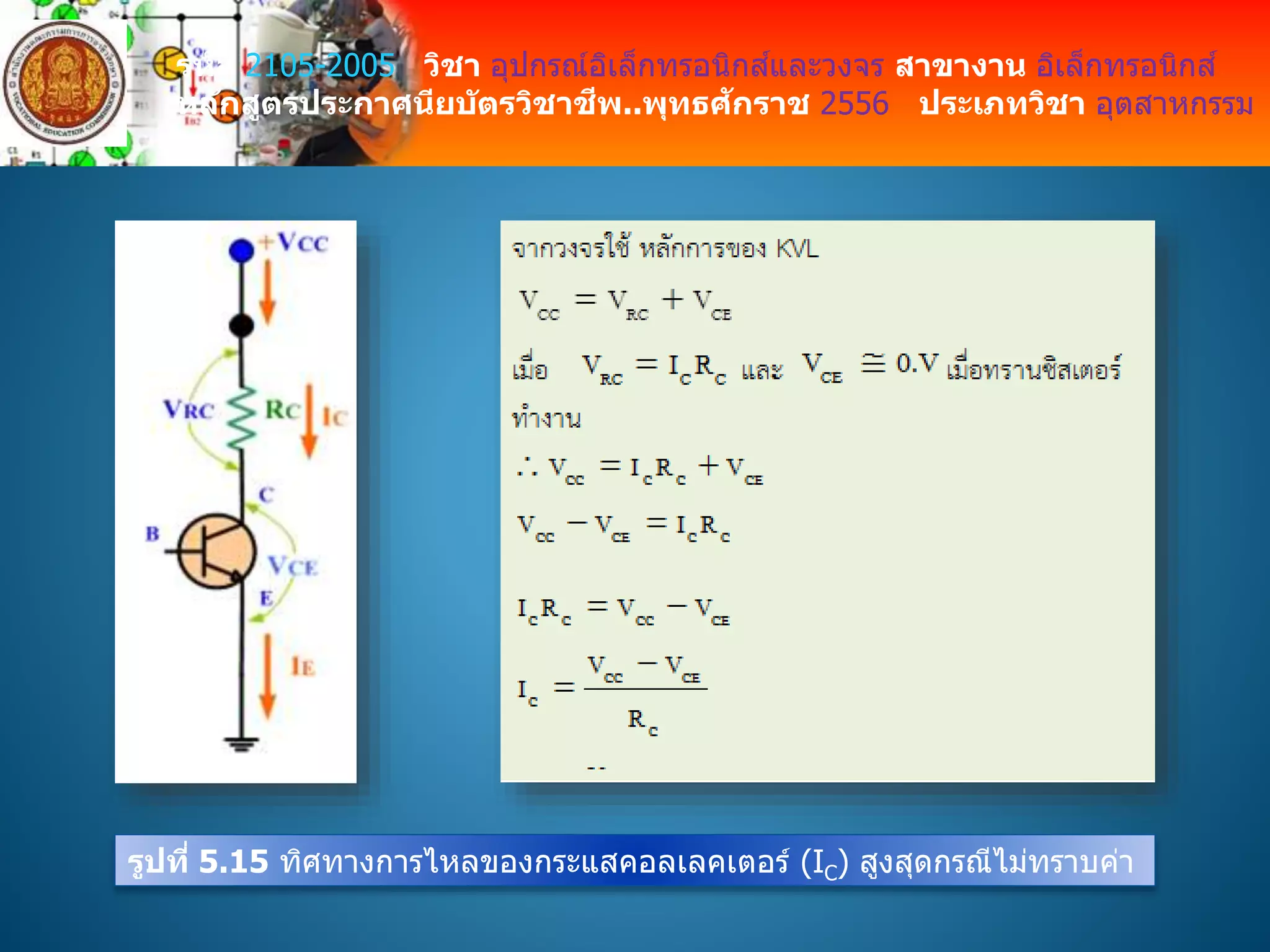 รหัส 2105-2005 วิชา อุปกรณ์อิเล็กทรอนิกส์และวงจร สาขางาน อิเล็กทรอนิกส์
หลักสูตรประกาศนียบัตรวิชาชีพ..พุทธศักราช 2556 ประเภทวิชา อุตสาหกรรม
รูปที่ 5.15 ทิศทางการไหลของกระแสคอลเลคเตอร์ (IC) สูงสุดกรณีไม่ทราบค่า
 