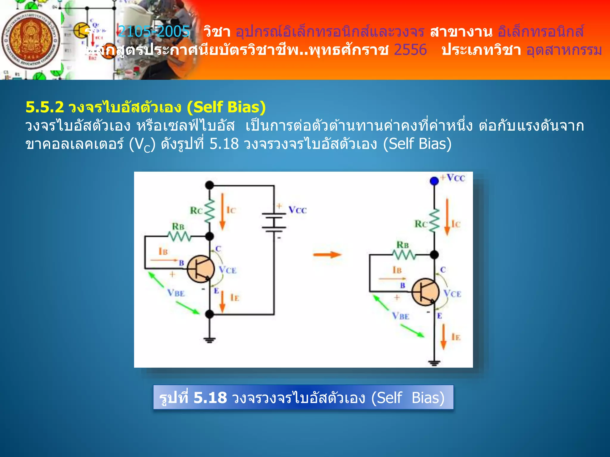 รหัส 2105-2005 วิชา อุปกรณ์อิเล็กทรอนิกส์และวงจร สาขางาน อิเล็กทรอนิกส์
หลักสูตรประกาศนียบัตรวิชาชีพ..พุทธศักราช 2556 ประเภทวิชา อุตสาหกรรม
5.5.2 วงจรไบอัสตัวเอง (Self Bias)
วงจรไบอัสตัวเอง หรือเซลฟ์ ไบอัส เป็ นการต่อตัวต ้านทานค่าคงที่ค่าหนึ่ง ต่อกับแรงดันจาก
ขาคอลเลคเตอร์ (VC) ดังรูปที่ 5.18 วงจรวงจรไบอัสตัวเอง (Self Bias)
รูปที่ 5.18 วงจรวงจรไบอัสตัวเอง (Self Bias)
 
