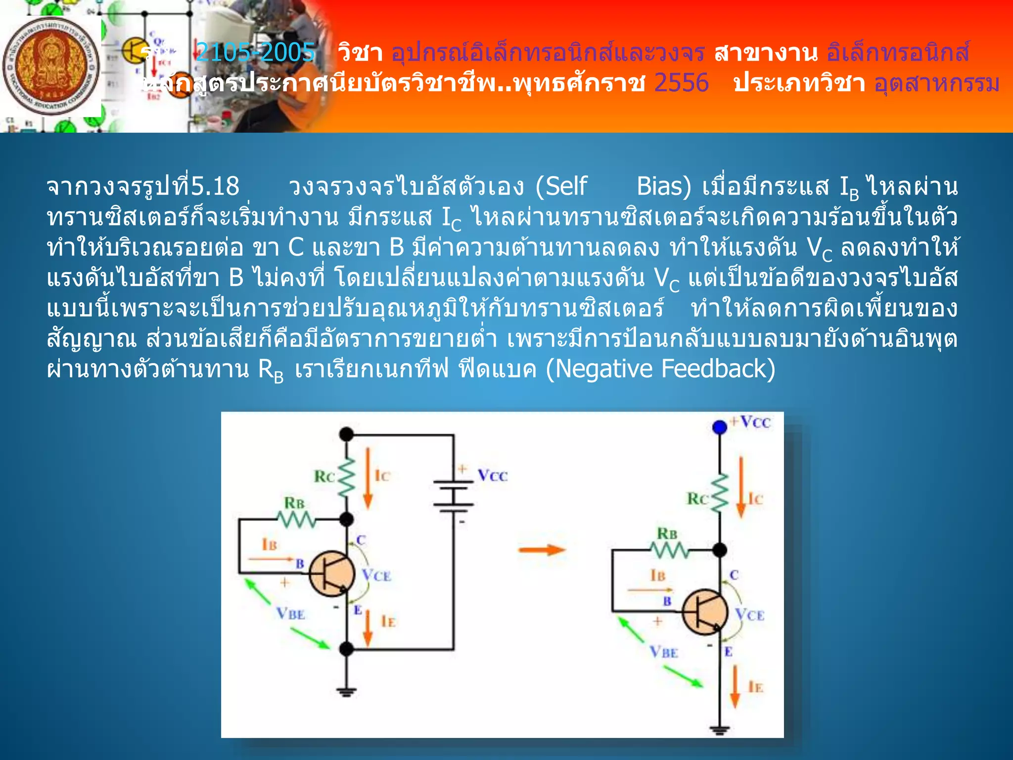 รหัส 2105-2005 วิชา อุปกรณ์อิเล็กทรอนิกส์และวงจร สาขางาน อิเล็กทรอนิกส์
หลักสูตรประกาศนียบัตรวิชาชีพ..พุทธศักราช 2556 ประเภทวิชา อุตสาหกรรม
จากวงจรรูปที่5.18 วงจรวงจรไบอัสตัวเอง (Self Bias) เมื่อมีกระแส IB ไหลผ่าน
ทรานซิสเตอร์ก็จะเริ่มทางาน มีกระแส IC ไหลผ่านทรานซิสเตอร์จะเกิดความร ้อนขึ้นในตัว
ทาให ้บริเวณรอยต่อ ขา C และขา B มีค่าความต ้านทานลดลง ทาให ้แรงดัน VC ลดลงทาให ้
แรงดันไบอัสที่ขา B ไม่คงที่ โดยเปลี่ยนแปลงค่าตามแรงดัน VC แต่เป็นข ้อดีของวงจรไบอัส
แบบนี้เพราะจะเป็ นการช่วยปรับอุณหภูมิให ้กับทรานซิสเตอร์ ทาให ้ลดการผิดเพี้ยนของ
สัญญาณ ส่วนข ้อเสียก็คือมีอัตราการขยายต่า เพราะมีการป้อนกลับแบบลบมายังด ้านอินพุต
ผ่านทางตัวต ้านทาน RB เราเรียกเนกทีฟ ฟีดแบค (Negative Feedback)
 