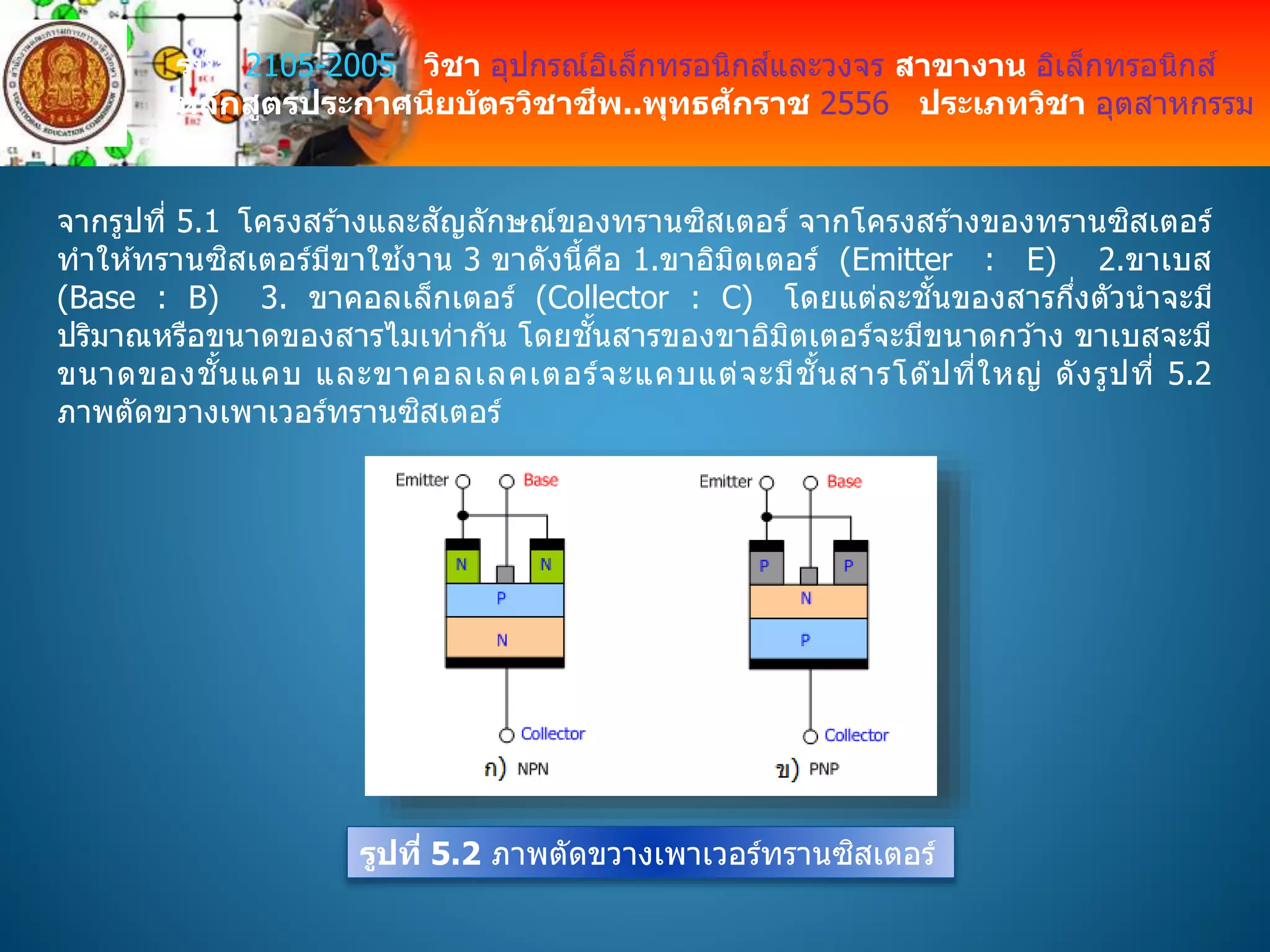 รหัส 2105-2005 วิชา อุปกรณ์อิเล็กทรอนิกส์และวงจร สาขางาน อิเล็กทรอนิกส์
หลักสูตรประกาศนียบัตรวิชาชีพ..พุทธศักราช 2556 ประเภทวิชา อุตสาหกรรม
จากรูปที่ 5.1 โครงสร ้างและสัญลักษณ์ของทรานซิสเตอร์ จากโครงสร ้างของทรานซิสเตอร์
ทาให ้ทรานซิสเตอร์มีขาใช ้งาน 3 ขาดังนี้คือ 1.ขาอิมิตเตอร์ (Emitter : E) 2.ขาเบส
(Base : B) 3. ขาคอลเล็กเตอร์ (Collector : C) โดยแต่ละชั้นของสารกึ่งตัวนาจะมี
ปริมาณหรือขนาดของสารไมเท่ากัน โดยชั้นสารของขาอิมิตเตอร์จะมีขนาดกว ้าง ขาเบสจะมี
ขนาดของชั้นแคบ และขาคอลเลคเตอร์จะแคบแต่จะมีชั้นสารโด๊ปที่ใหญ่ ดังรูปที่ 5.2
ภาพตัดขวางเพาเวอร์ทรานซิสเตอร์
รูปที่ 5.2 ภาพตัดขวางเพาเวอร์ทรานซิสเตอร์
 