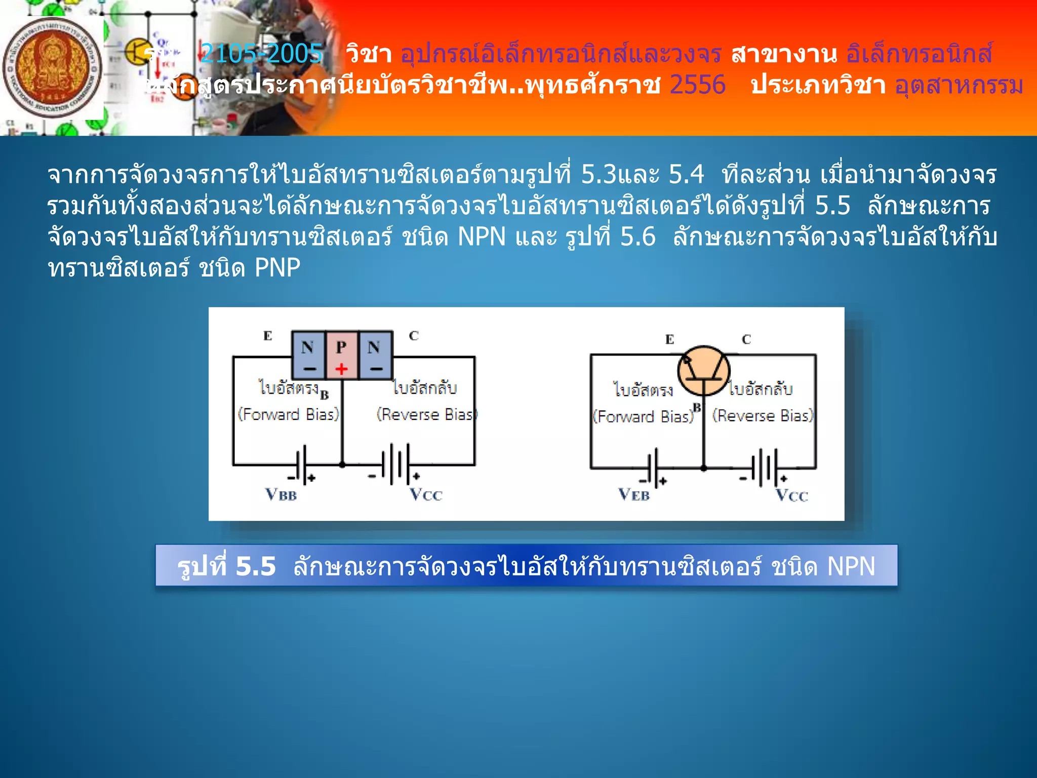 รหัส 2105-2005 วิชา อุปกรณ์อิเล็กทรอนิกส์และวงจร สาขางาน อิเล็กทรอนิกส์
หลักสูตรประกาศนียบัตรวิชาชีพ..พุทธศักราช 2556 ประเภทวิชา อุตสาหกรรม
จากการจัดวงจรการให ้ไบอัสทรานซิสเตอร์ตามรูปที่ 5.3และ 5.4 ทีละส่วน เมื่อนามาจัดวงจร
รวมกันทั้งสองส่วนจะได ้ลักษณะการจัดวงจรไบอัสทรานซิสเตอร์ได ้ดังรูปที่ 5.5 ลักษณะการ
จัดวงจรไบอัสให ้กับทรานซิสเตอร์ ชนิด NPN และ รูปที่ 5.6 ลักษณะการจัดวงจรไบอัสให ้กับ
ทรานซิสเตอร์ ชนิด PNP
รูปที่ 5.5 ลักษณะการจัดวงจรไบอัสให ้กับทรานซิสเตอร์ ชนิด NPN
 