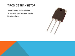 TIPOS DE TRANSISTOR
Transistor de unión bipolar
Transistor de efecto de campo
Fototransistor