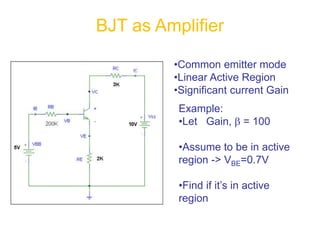 •Common emitter mode
•Linear Active Region
•Significant current Gain
Example:
•Let Gain,  = 100
•Assume to be in active
region -> VBE=0.7V
•Find if it’s in active
region
BJT as Amplifier
 