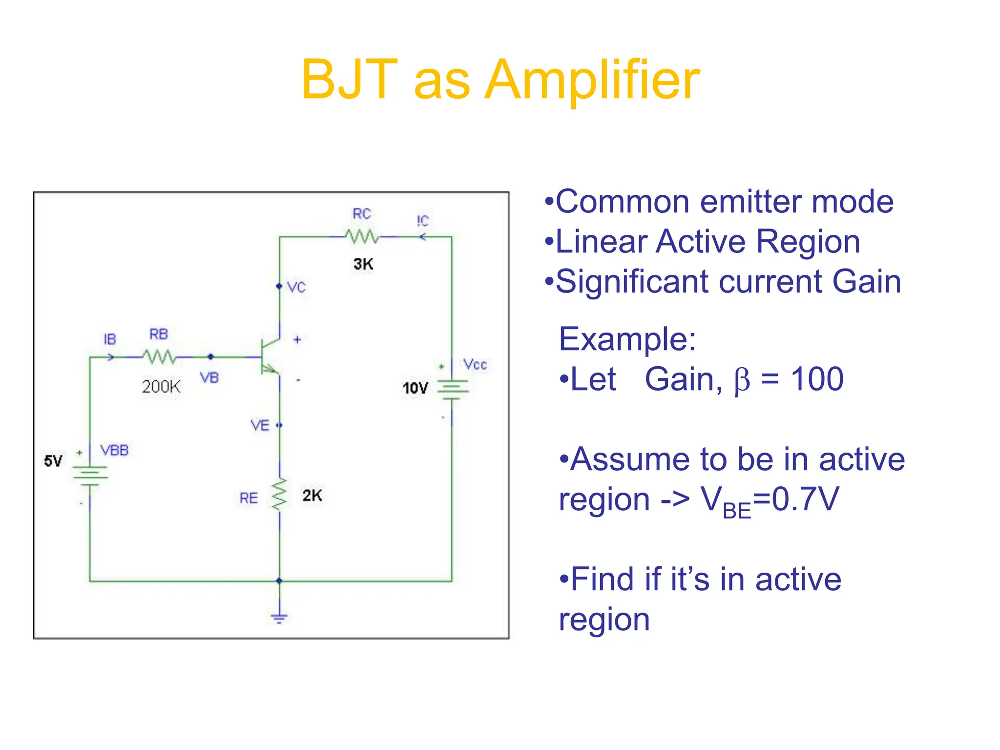 •Common emitter mode
•Linear Active Region
•Significant current Gain
Example:
•Let Gain,  = 100
•Assume to be in active
region -> VBE=0.7V
•Find if it’s in active
region
BJT as Amplifier
 