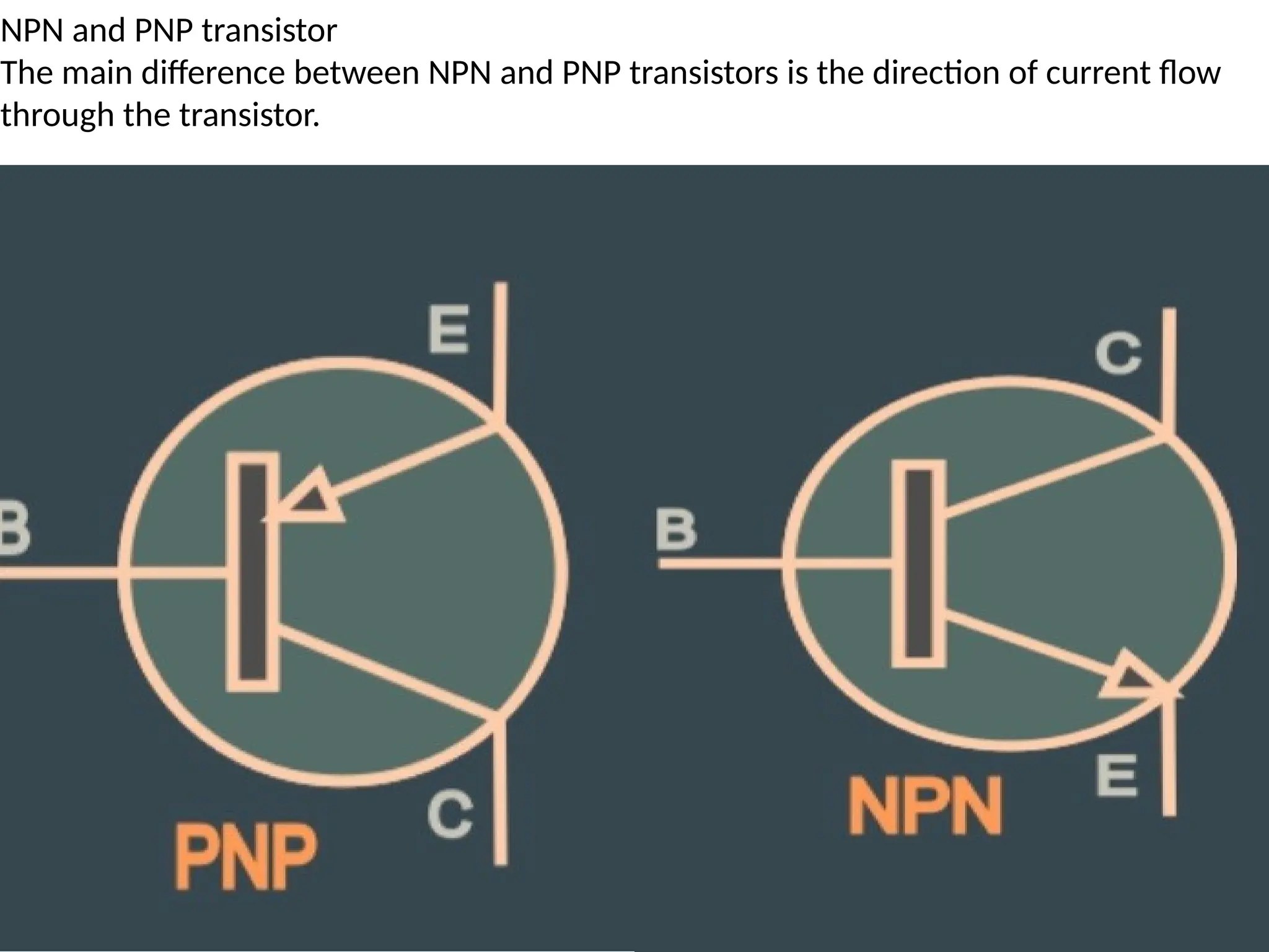 NPN and PNP transistor
The main difference between NPN and PNP transistors is the direction of current flow
through the transistor.
 