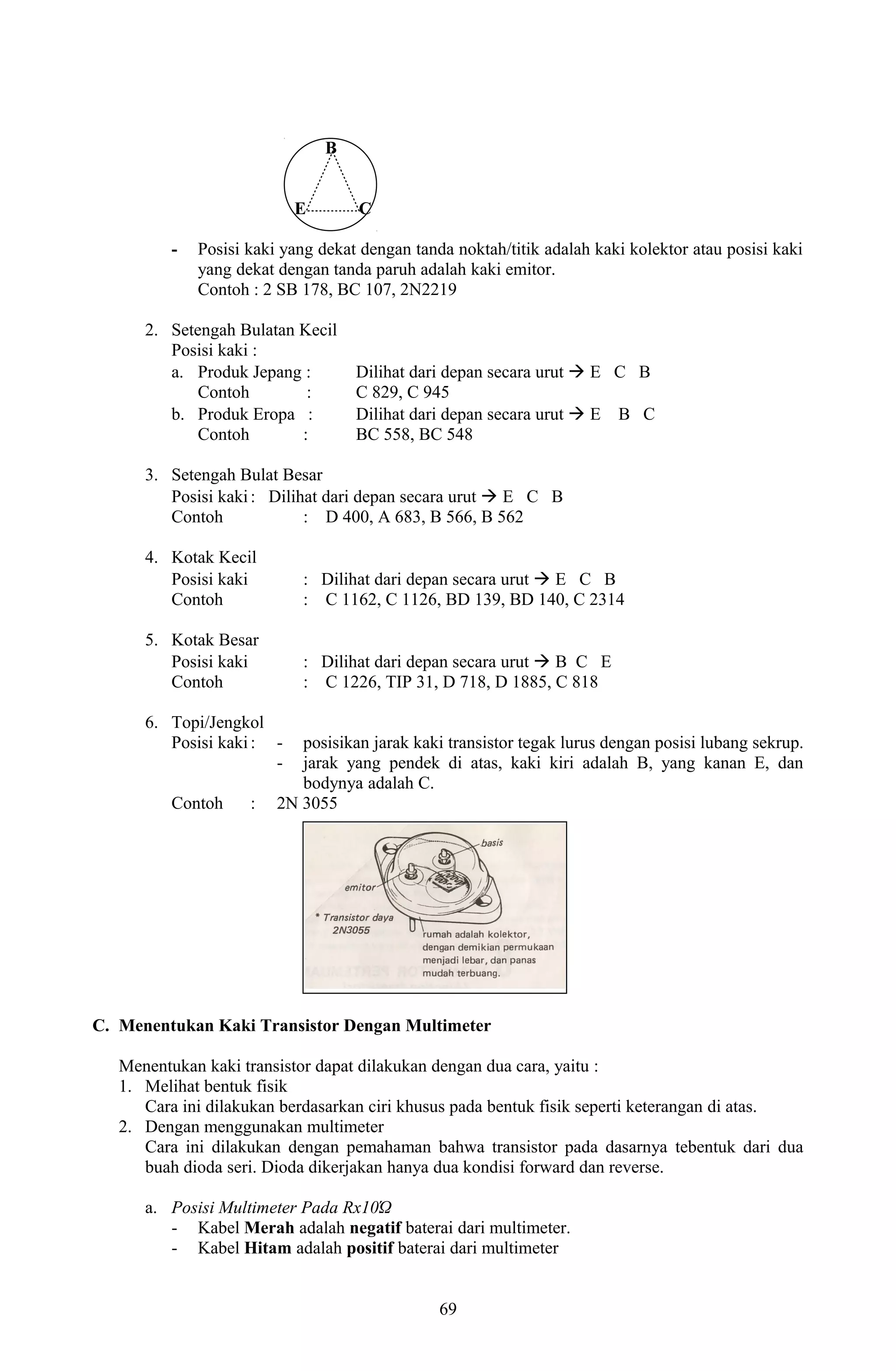 B 
E C 
- Posisi kaki yang dekat dengan tanda noktah/titik adalah kaki kolektor atau posisi kaki 
yang dekat dengan tanda paruh adalah kaki emitor. 
Contoh : 2 SB 178, BC 107, 2N2219 
2. Setengah Bulatan Kecil 
Posisi kaki : 
a. Produk Jepang : Dilihat dari depan secara urut  E C B 
Contoh : C 829, C 945 
b. Produk Eropa : Dilihat dari depan secara urut  E B C 
Contoh : BC 558, BC 548 
3. Setengah Bulat Besar 
Posisi kaki : Dilihat dari depan secara urut  E C B 
Contoh : D 400, A 683, B 566, B 562 
4. Kotak Kecil 
Posisi kaki : Dilihat dari depan secara urut  E C B 
Contoh : C 1162, C 1126, BD 139, BD 140, C 2314 
5. Kotak Besar 
Posisi kaki : Dilihat dari depan secara urut  B C E 
Contoh : C 1226, TIP 31, D 718, D 1885, C 818 
6. Topi/Jengkol 
Posisi kaki : - posisikan jarak kaki transistor tegak lurus dengan posisi lubang sekrup. 
- jarak yang pendek di atas, kaki kiri adalah B, yang kanan E, dan 
bodynya adalah C. 
Contoh : 2N 3055 
C. Menentukan Kaki Transistor Dengan Multimeter 
Menentukan kaki transistor dapat dilakukan dengan dua cara, yaitu : 
1. Melihat bentuk fisik 
Cara ini dilakukan berdasarkan ciri khusus pada bentuk fisik seperti keterangan di atas. 
2. Dengan menggunakan multimeter 
Cara ini dilakukan dengan pemahaman bahwa transistor pada dasarnya tebentuk dari dua 
buah dioda seri. Dioda dikerjakan hanya dua kondisi forward dan reverse. 
a. Posisi Multimeter Pada Rx10Ώ 
- Kabel Merah adalah negatif baterai dari multimeter. 
- Kabel Hitam adalah positif baterai dari multimeter 
69 
 