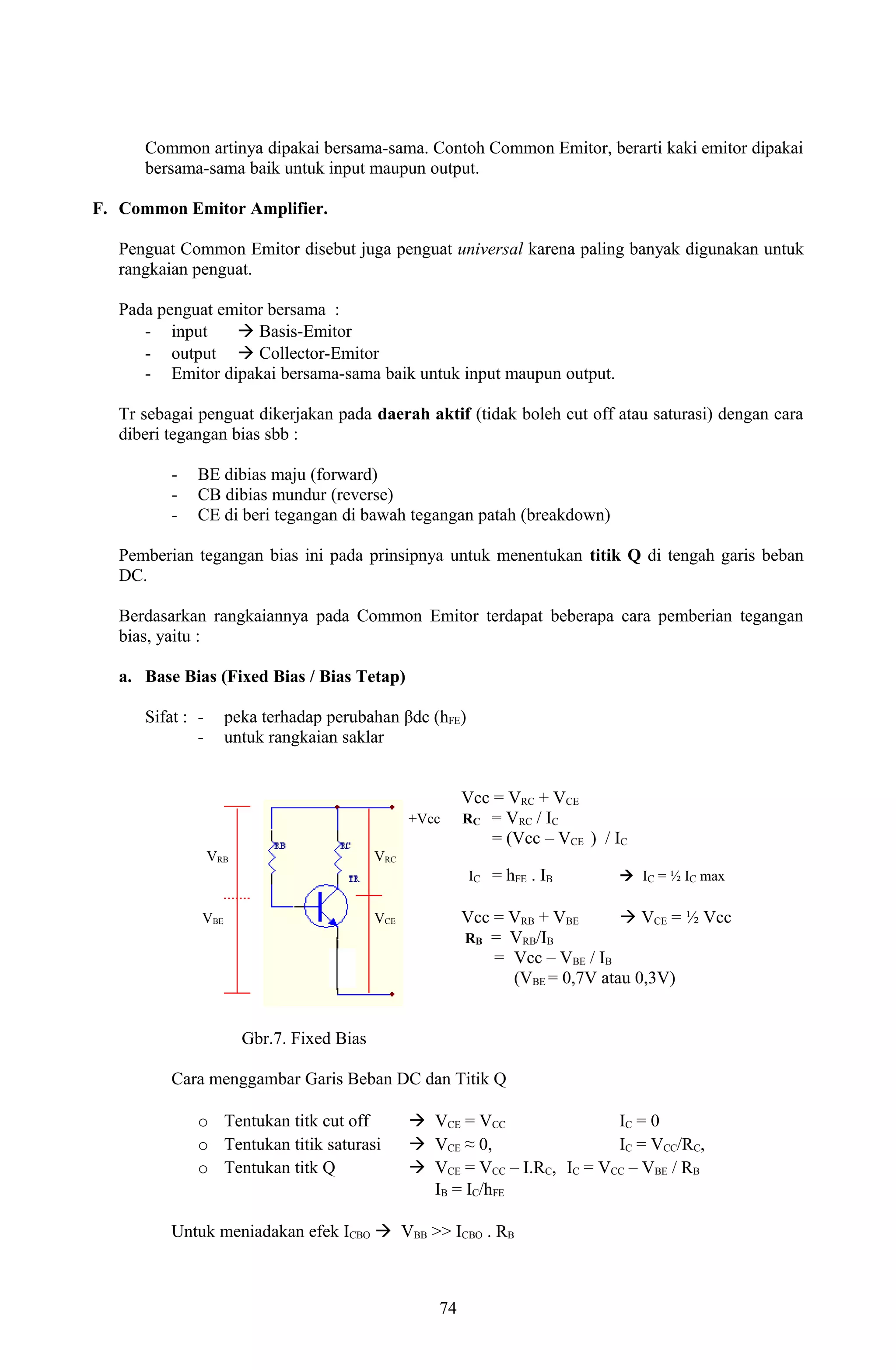Common artinya dipakai bersama-sama. Contoh Common Emitor, berarti kaki emitor dipakai 
bersama-sama baik untuk input maupun output. 
F. Common Emitor Amplifier. 
Penguat Common Emitor disebut juga penguat universal karena paling banyak digunakan untuk 
rangkaian penguat. 
Pada penguat emitor bersama : 
- input  Basis-Emitor 
- output  Collector-Emitor 
- Emitor dipakai bersama-sama baik untuk input maupun output. 
Tr sebagai penguat dikerjakan pada daerah aktif (tidak boleh cut off atau saturasi) dengan cara 
diberi tegangan bias sbb : 
- BE dibias maju (forward) 
- CB dibias mundur (reverse) 
- CE di beri tegangan di bawah tegangan patah (breakdown) 
Pemberian tegangan bias ini pada prinsipnya untuk menentukan titik Q di tengah garis beban 
DC. 
Berdasarkan rangkaiannya pada Common Emitor terdapat beberapa cara pemberian tegangan 
bias, yaitu : 
a. Base Bias (Fixed Bias / Bias Tetap) 
Sifat : - peka terhadap perubahan βdc (hFE) 
- untuk rangkaian saklar 
Vcc = VRC + VCE 
+Vcc RC = VRC / IC 
= (Vcc – VCE ) / IC 
VRB VRC 
IC = hFE . IB  IC = ½ IC max 
VBE VCE Vcc = VRB + VBE  VCE = ½ Vcc 
RB = VRB/IB 
= Vcc – VBE / IB 
(VBE = 0,7V atau 0,3V) 
Gbr.7. Fixed Bias 
Cara menggambar Garis Beban DC dan Titik Q 
o Tentukan titk cut off  VCE = VCC IC = 0 
o Tentukan titik saturasi  VCE ≈ 0, IC = VCC/RC, 
o Tentukan titk Q  VCE = VCC – I.RC, IC = VCC – VBE / RB 
IB = IC/hFE 
Untuk meniadakan efek ICBO  VBB >> ICBO . RB 
74 
 