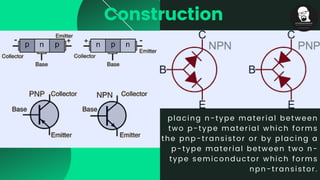 Construction
placing n-type material between
two p-type material which forms
the pnp-transistor or by placing a
p-type material between two n-
type semiconductor which forms
npn-transistor.
 