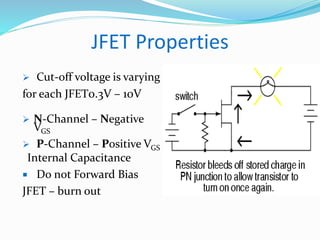 JFET Properties
 Cut-off voltage is varying
for each JFET0.3V – 10V
 N-Channel – Negative
VGS
 P-Channel – Positive VGS
Internal Capacitance
 Do not Forward Bias
JFET – burn out
 