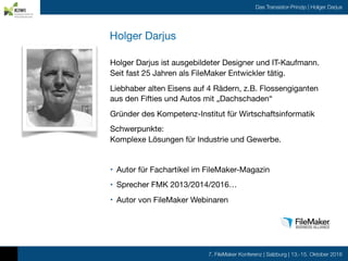 7. FileMaker Konferenz | Salzburg | 13.-15. Oktober 2016
Das Transistor-Prinzip | Holger Darjus
Holger Darjus
Holger Darju...