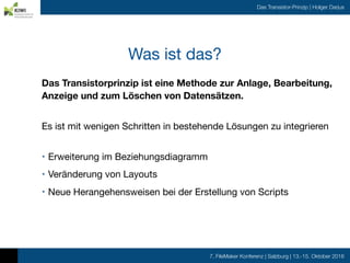 7. FileMaker Konferenz | Salzburg | 13.-15. Oktober 2016
Das Transistor-Prinzip | Holger Darjus
Was ist das?
Das Transisto...