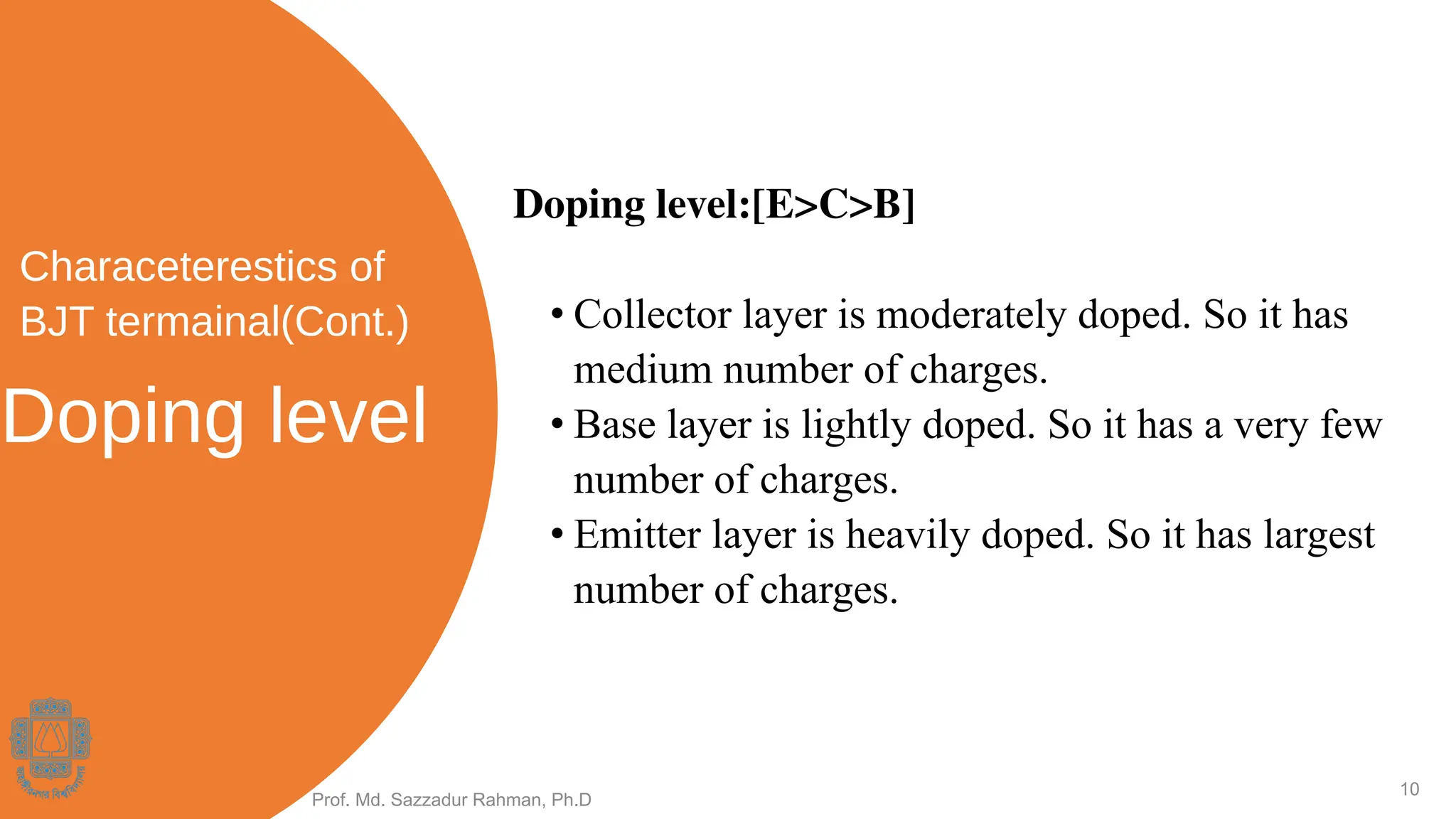 Doping level
Prof. Md. Sazzadur Rahman, Ph.D
10
Doping level:[E>C>B]
• Collector layer is moderately doped. So it has
medium number of charges.
• Base layer is lightly doped. So it has a very few
number of charges.
• Emitter layer is heavily doped. So it has largest
number of charges.
Characeterestics of
BJT termainal(Cont.)
 