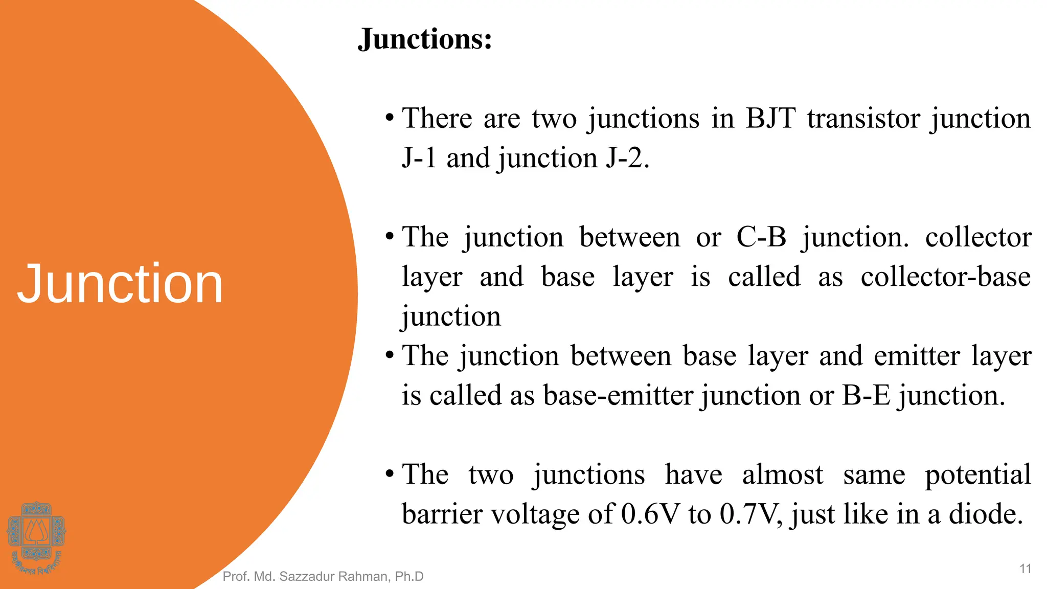 Junction
Junctions:
• There are two junctions in BJT transistor junction
J-1 and junction J-2.
• The junction between or C-B junction. collector
layer and base layer is called as collector-base
junction
• The junction between base layer and emitter layer
is called as base-emitter junction or B-E junction.
• The two junctions have almost same potential
barrier voltage of 0.6V to 0.7V, just like in a diode.
Prof. Md. Sazzadur Rahman, Ph.D
11
 