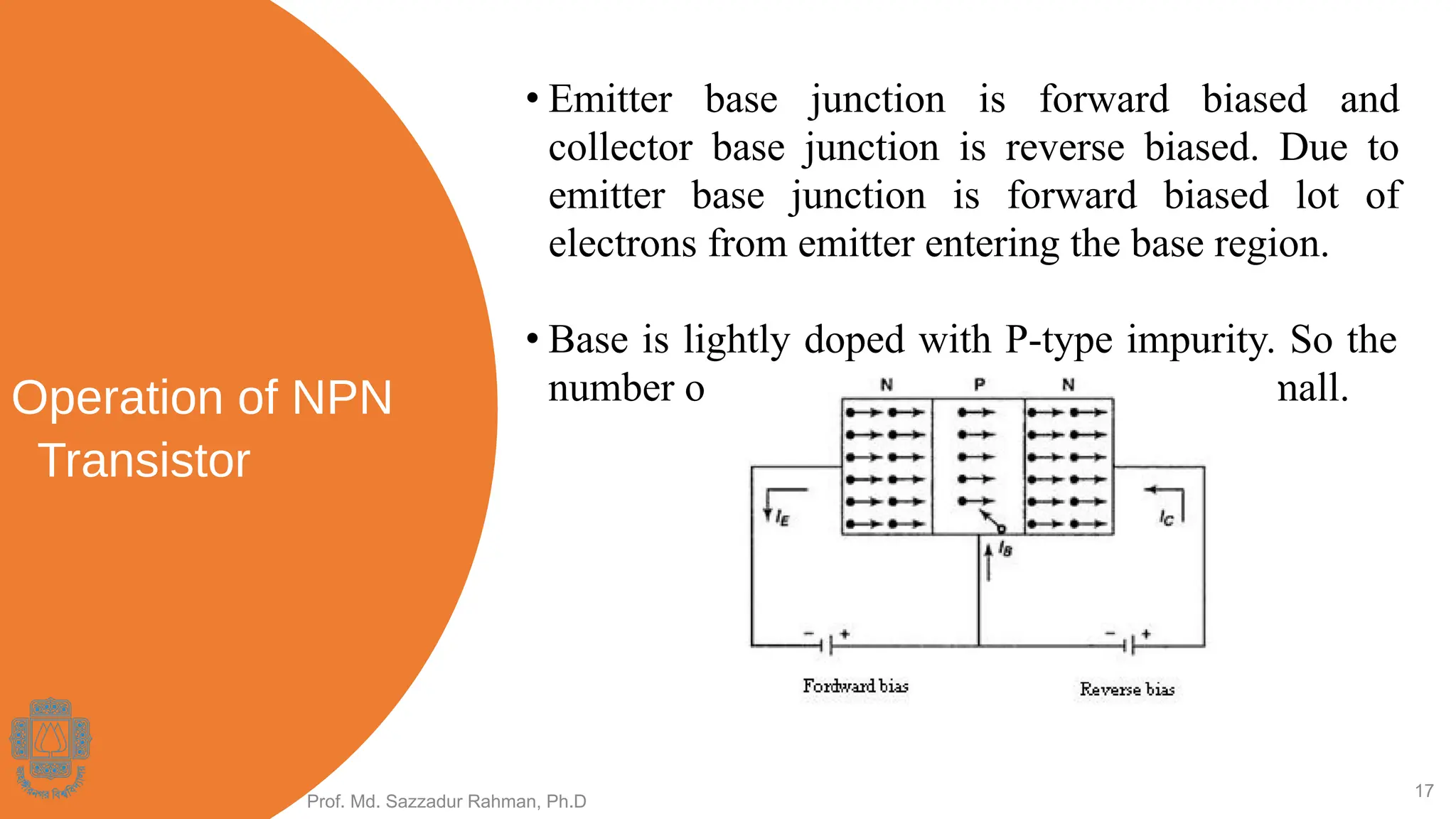 Operation of NPN
Transistor
• Emitter base junction is forward biased and
collector base junction is reverse biased. Due to
emitter base junction is forward biased lot of
electrons from emitter entering the base region.
• Base is lightly doped with P-type impurity. So the
number of holes in the base region is very small.
Prof. Md. Sazzadur Rahman, Ph.D
17
 