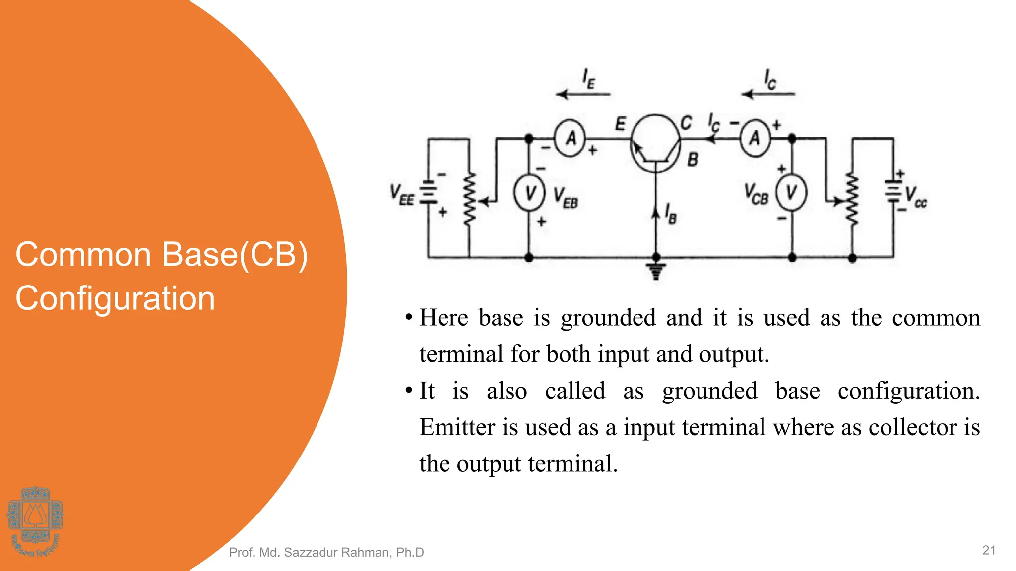 Common Base(CB)
Configuration • Here base is grounded and it is used as the common
terminal for both input and output.
• It is also called as grounded base configuration.
Emitter is used as a input terminal where as collector is
the output terminal.
Prof. Md. Sazzadur Rahman, Ph.D 21
 