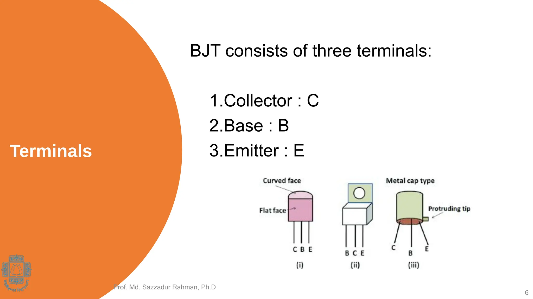 6
Terminals
BJT consists of three terminals:
1.Collector : C
2.Base : B
3.Emitter : E
Prof. Md. Sazzadur Rahman, Ph.D
 
