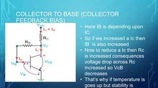 COLLECTOR TO BASE (COLLECTOR
FEEDBACK BIAS)
• Here IB is depending upon
IC
• So if we increased a Ic then
IB is also increased
• Now to reduce a Ic then Rc
is increased consequences
voltage drop across Rc
increased so VcB
decreases
• That’s why if temperature is
goes up but stability is
 