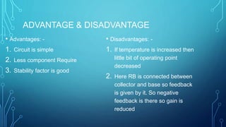 ADVANTAGE & DISADVANTAGE
• Advantages: -
1. Circuit is simple
2. Less component Require
3. Stability factor is good
• Disadvantages: -
1. If temperature is increased then
little bit of operating point
decreased
2. Here RB is connected between
collector and base so feedback
is given by it. So negative
feedback is there so gain is
reduced
 