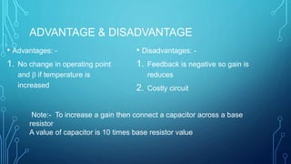 ADVANTAGE & DISADVANTAGE
• Advantages: -
1. No change in operating point
and  if temperature is
increased
• Disadvantages: -
1. Feedback is negative so gain is
reduces
2. Costly circuit
Note:- To increase a gain then connect a capacitor across a base
resistor
A value of capacitor is 10 times base resistor value
 