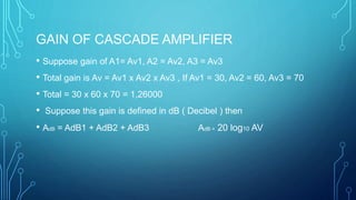 GAIN OF CASCADE AMPLIFIER
• Suppose gain of A1= Av1, A2 = Av2, A3 = Av3
• Total gain is Av = Av1 x Av2 x Av3 , If Av1 = 30, Av2 = 60, Av3 = 70
• Total = 30 x 60 x 70 = 1,26000
• Suppose this gain is defined in dB ( Decibel ) then
• AdB = AdB1 + AdB2 + AdB3 AdB = 20 log10 AV
 