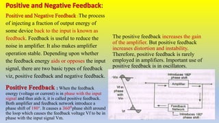 :The process
of injecting a fraction of output energy of
some device back to the input is known as
feedback. Feedback is useful to reduce the
noise in amplifier. It also makes amplifier
operation stable. Depending upon whether
the feedback energy aids or opposes the input
signal, there are two basic types of feedback
viz, positive feedback and negative feedback.
: When the feedback
energy (voltage or current) is in phase with the input
signal and thus aids it, it is called positive feedback.
Both amplifier and feedback network introduce a
phase shift of 180°. It causes a 3600phase shift around
the loop which causes the feedback voltage Vf to be in
phase with the input signal Vm.
The positive feedback increases the gain
of the amplifier. But positive feedback
increases distortion and instability.
Therefore, positive feedback is rarely
employed in amplifiers. Important use of
positive feedback is in oscillators.
 