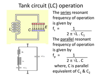 Tank circuit (LC) operation
The series resonant
frequency of operation
is given by
fs = 1
2  L . C1
The parallel resonant
frequency of operation
is given by
fp = 1
2  L . C
where, C is parallel
equivalent of C1 & C2
 