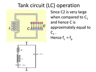 Tank circuit (LC) operation
Since C2 is very large
when compared to C1
and hence C is
approximately equal to
C1 .
Hence fs = fp
 