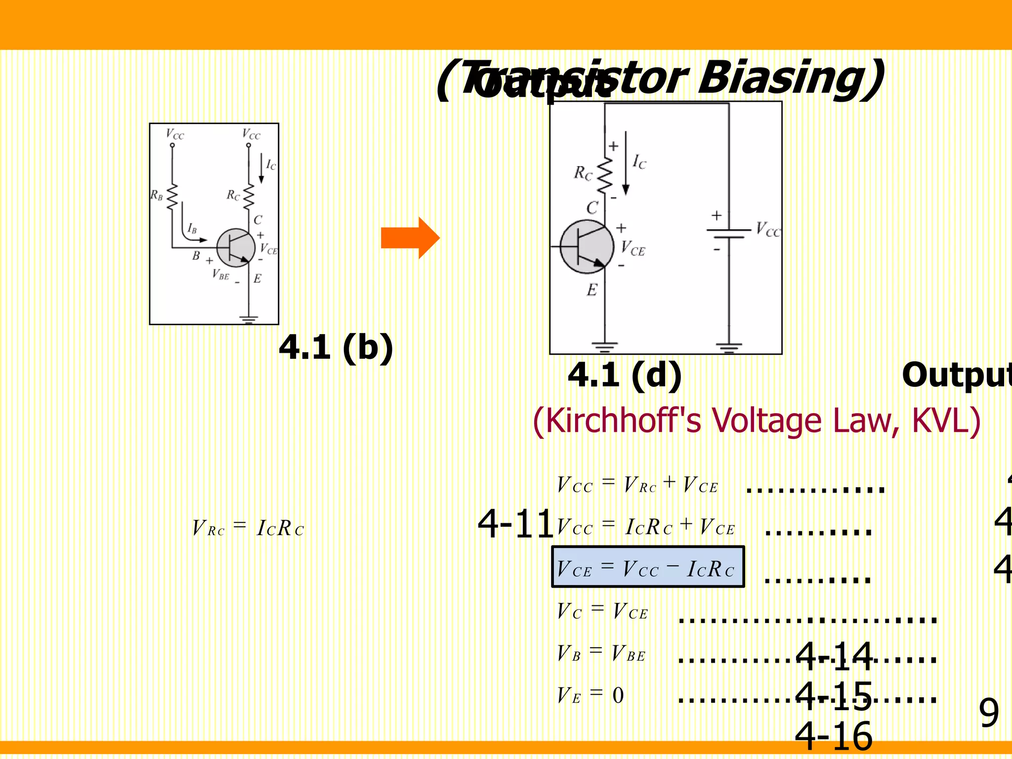 0
CCC R CE
CC C C CE
CE CC C C
C CE
B BE
E
V V V
V I R V
V V I R
V V
V V
V
(Kirchhoff's Voltage Law, KVL)
(Transistor Biasing)
4.1 (d) Output
4.1 (b)
Output
……….... 4
CR C CV I R 4-11 …….... 4
…….... 4
…………..……....
4-14…………..……....
4-15…………..……....
4-16
9
 