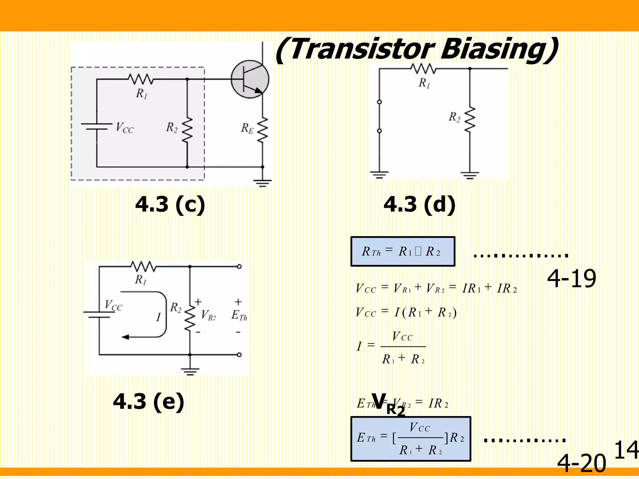 1 2ThR R R
1 2
2
1 2
2
1 2
1 2
1
2
2
( )
[ ]
CC R R
CC
CC
Th R
CC
Th
V V V IR IR
V I R R
V
I
R R
E V IR
V
E R
R R
(Transistor Biasing)
4.3 (c) 4.3 (d)
4.3 (e) VR2
…..…..….
4-19
...…..….
4-20
14
 