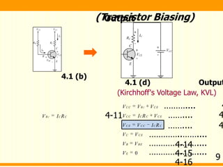 0
CCC R CE
CC C C CE
CE CC C C
C CE
B BE
E
V V V
V I R V
V V I R
V V
V V
V
(Kirchhoff's Voltage Law, KVL)
(Transistor Biasing)
4.1 (d) Output
4.1 (b)
Output
……….... 4
CR C CV I R 4-11 …….... 4
…….... 4
…………..……....
4-14…………..……....
4-15…………..……....
4-16
9
 