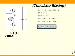 ' 0
'
' ,
0
( ) 0
( )
CC C C CE E E
C B C
C C E C
CC C C CE C E
CC CE C C E
CE CC C C E
V I R V I R
I I I
I I I I
V I R V I R
V V I R R
V V I R R
(Transistor Biasing)
4.4 (c)
Output
17
 
