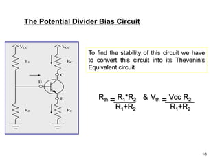 18
VCC
RC
C
E
B
VCC
R1
RE
R2
IE
IC
Ib
The Potential Divider Bias Circuit
To find the stability of this circuit we have
to convert this circuit into its Thevenin’s
Equivalent circuit
Rth = R1*R2 & Vth = Vcc R2
R1+R2 R1+R2
VCC
RC
C
E
B
VCC
R1
RE
R2
Rth = R1*R2 & Vth = Vcc R2
R1+R2 R1+R2
Rth = R1*R2 & Vth = Vcc R2
R1+R2 R1+R2
Rth = R1*R2 & Vth = Vcc R2
R1+R2 R1+R2
 
